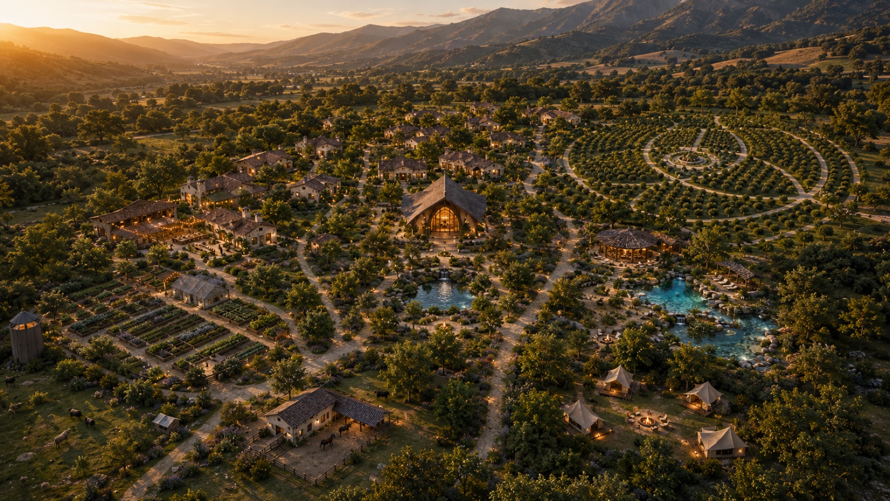 Aerial rendering of the full 507-acre master plan and natural pools with the mountains of Shasta County behind