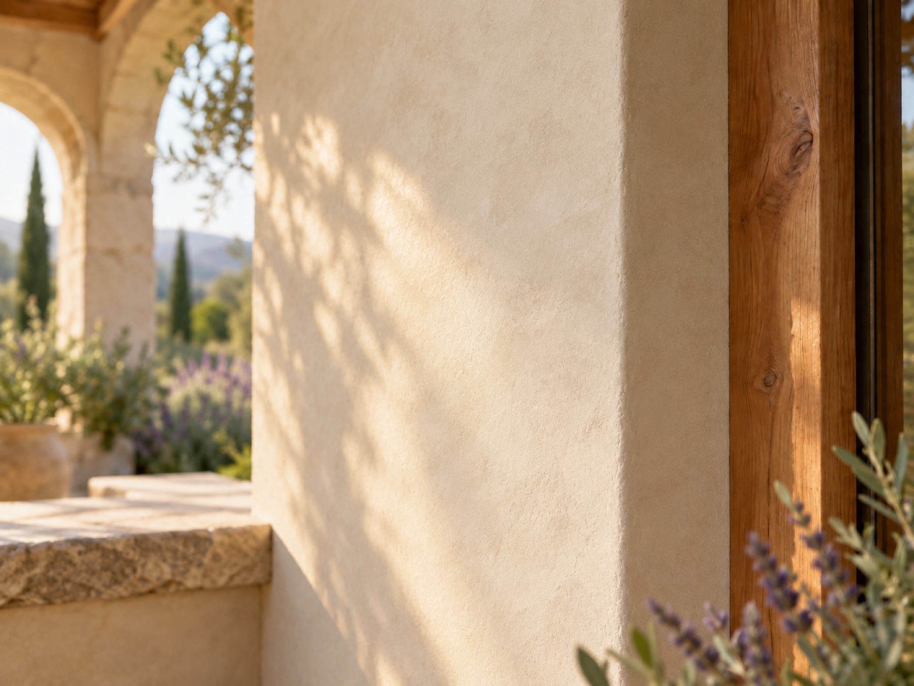 Close-up of a hempcrete wall with lime plaster finish