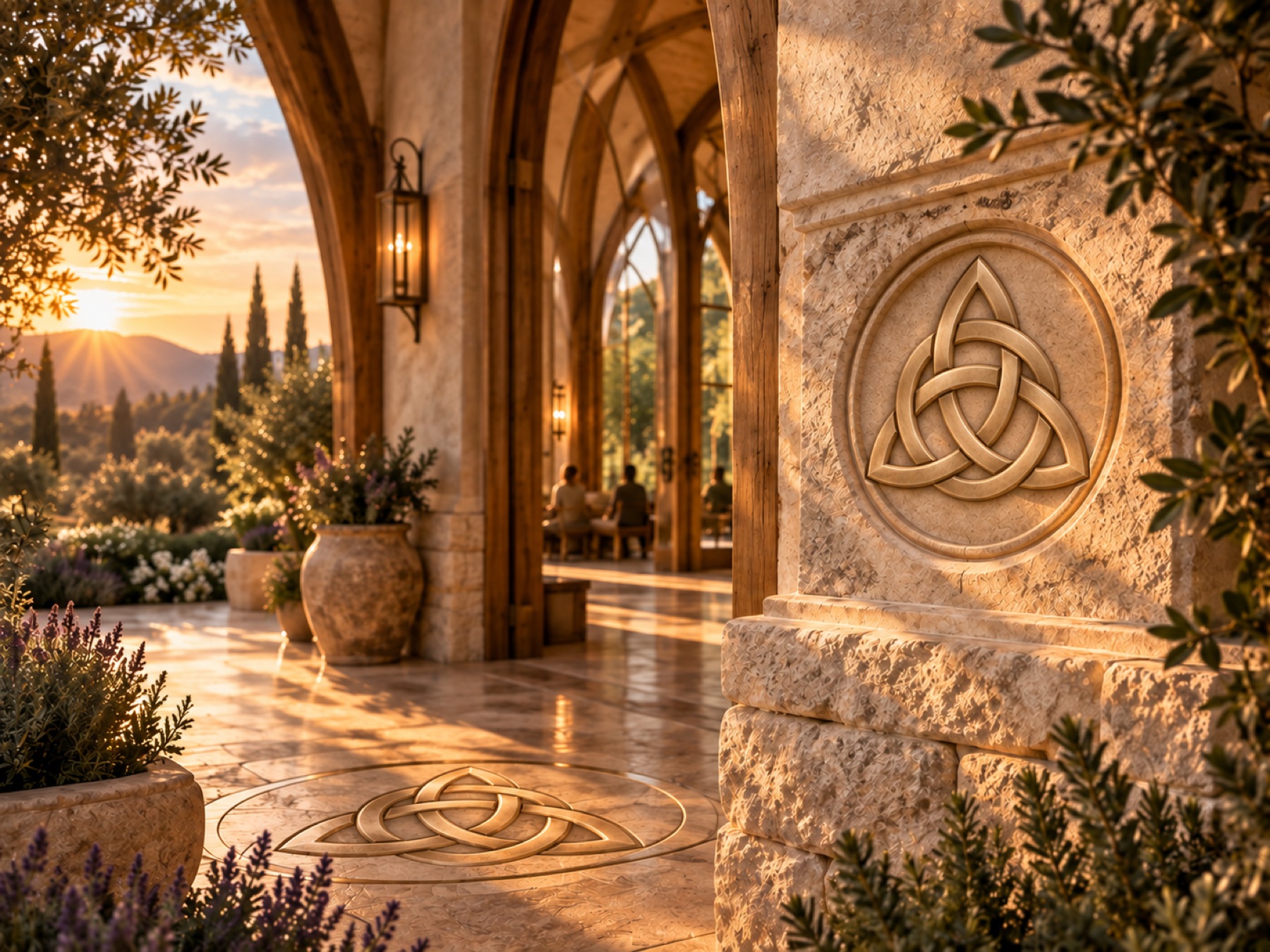 The triquetra symbol carved into the stone architecture of the Worship House