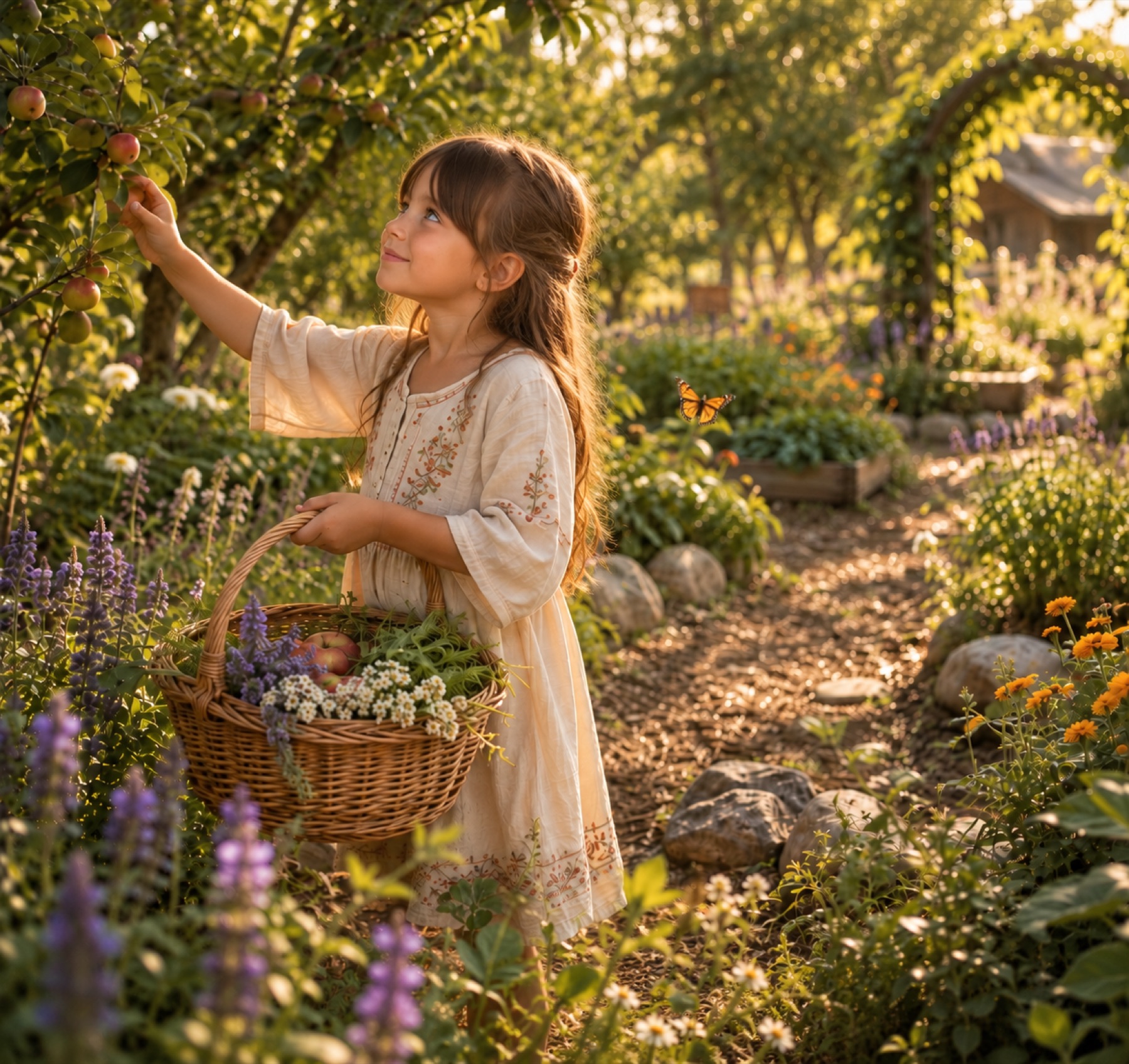 A child gathering herbs in the Grove