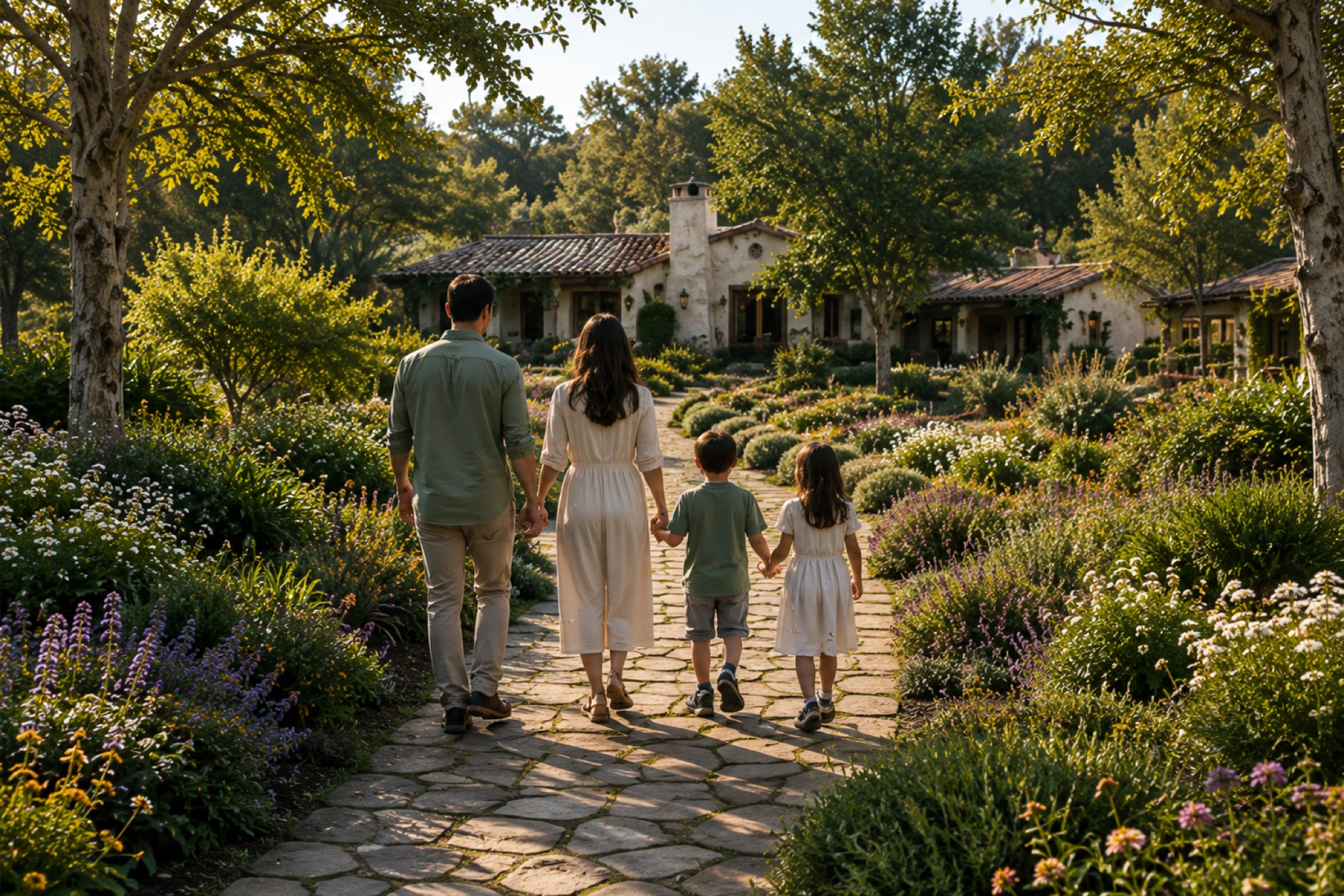 A family walking hand in hand down a cobblestone garden path toward a stone home at golden hour