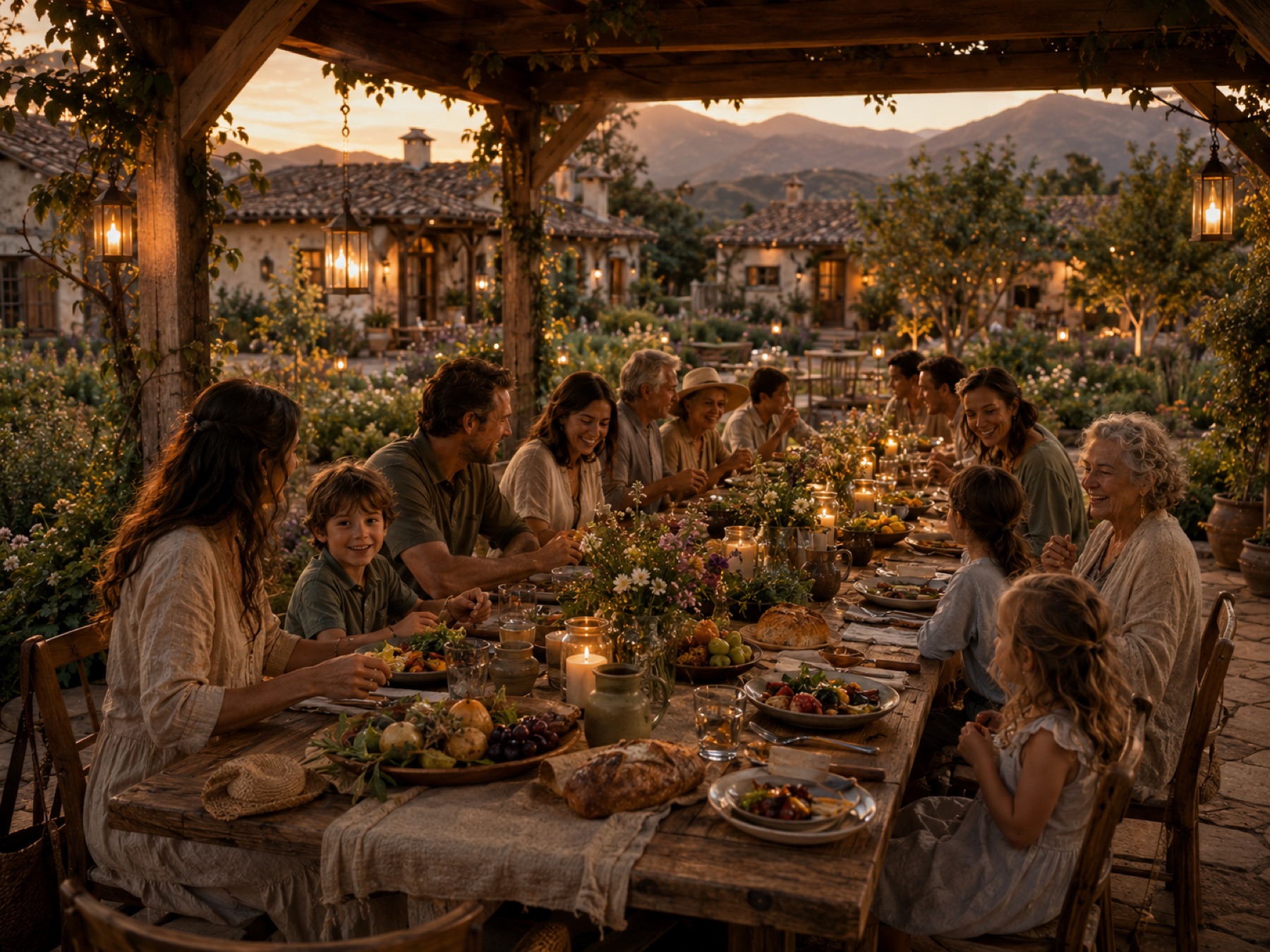 Neighbors and children sharing a long farm-to-table dinner under string lights