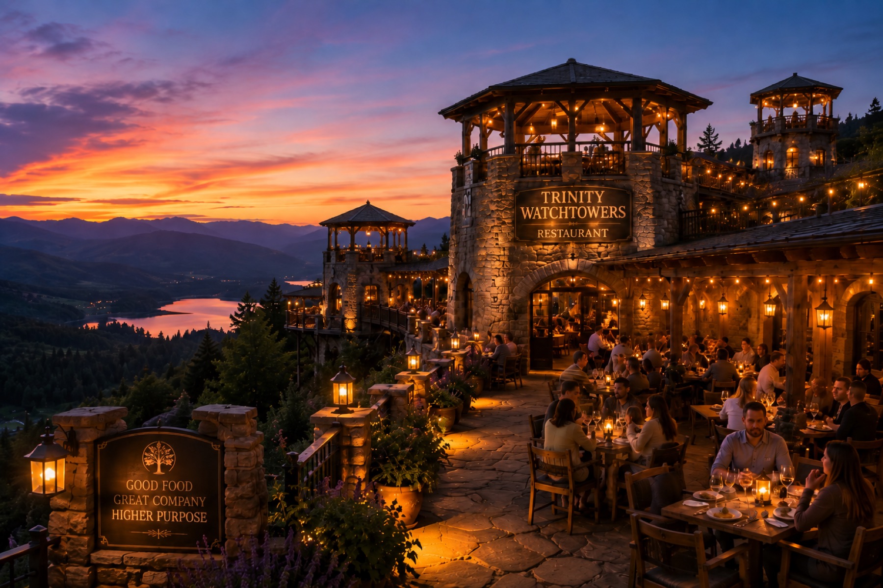 Trinity Watchtowers Restaurant glowing at dusk