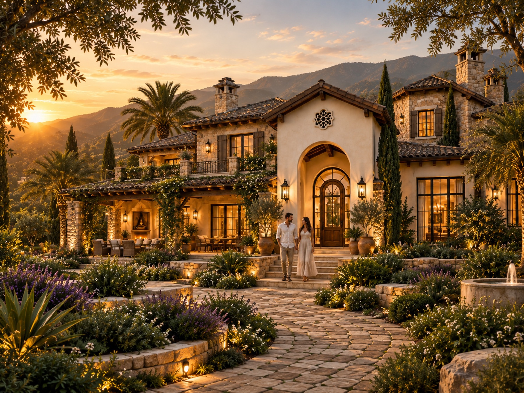 A founding family home rendering with hempcrete walls and a cobblestone courtyard