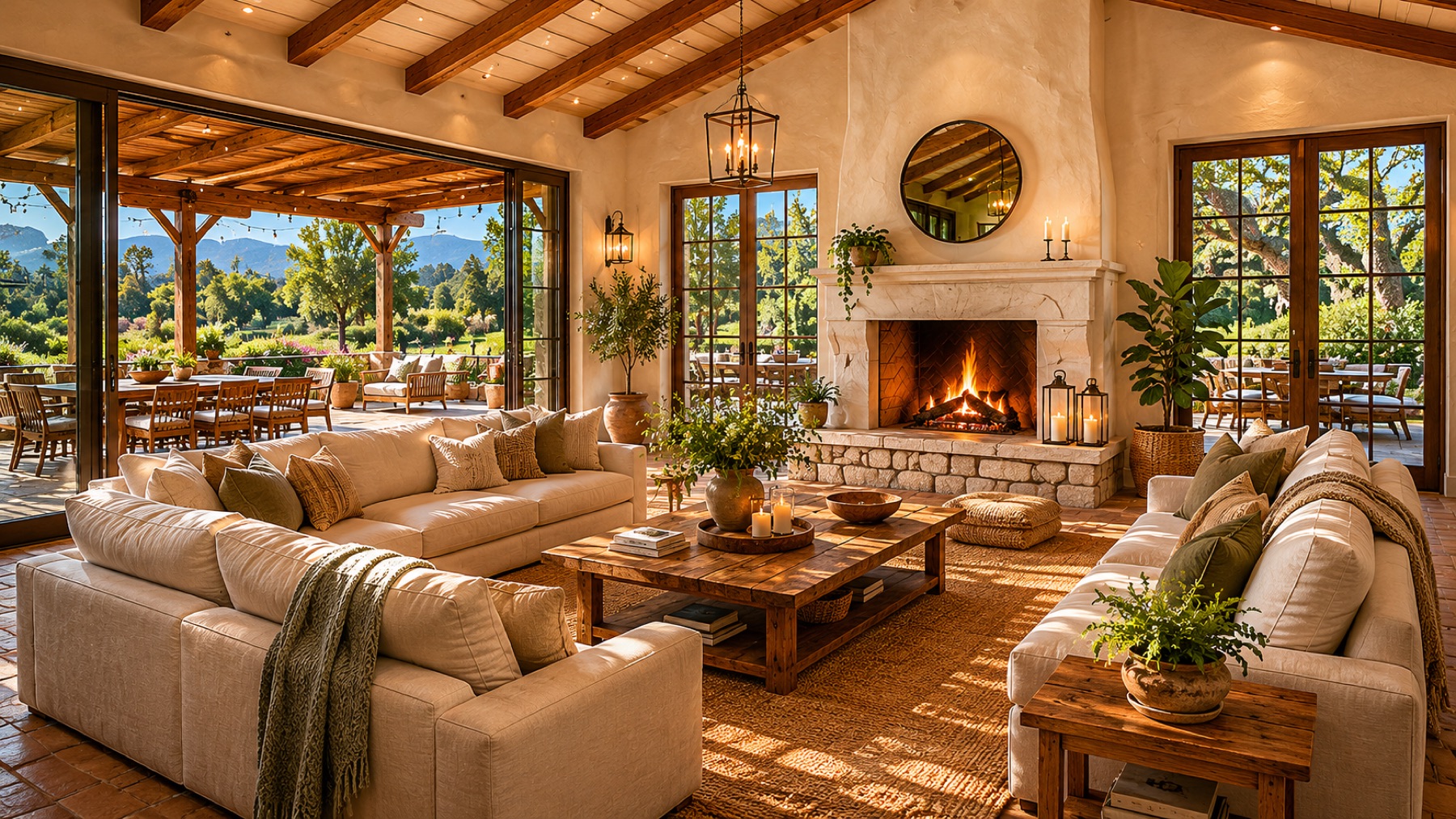 Founding family home interior with a lime plaster fireplace, timber beams, and doors open to the orchard
