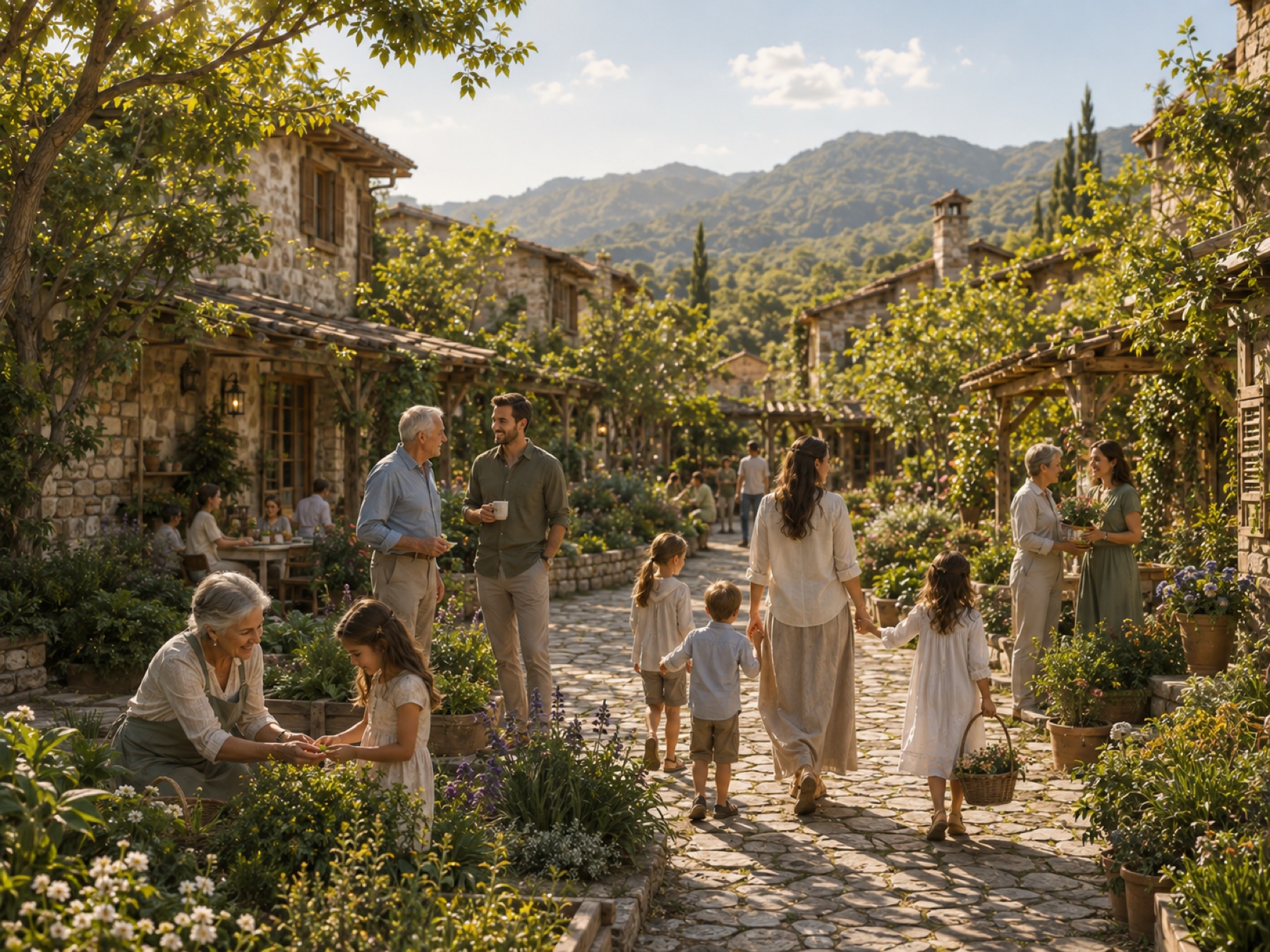Neighbors of every age gathered together in the village