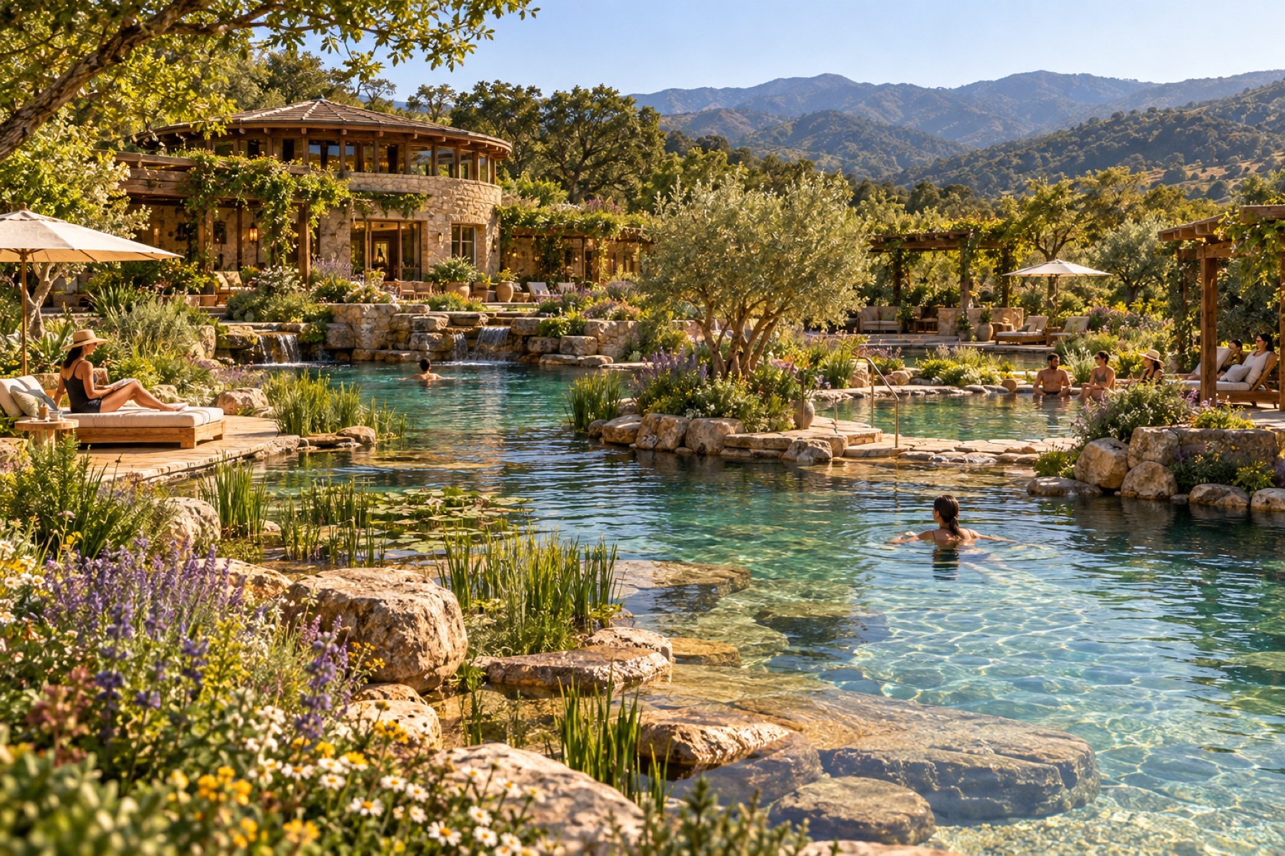 A spring-fed natural swimming pool with a small waterfall surrounded by native plantings