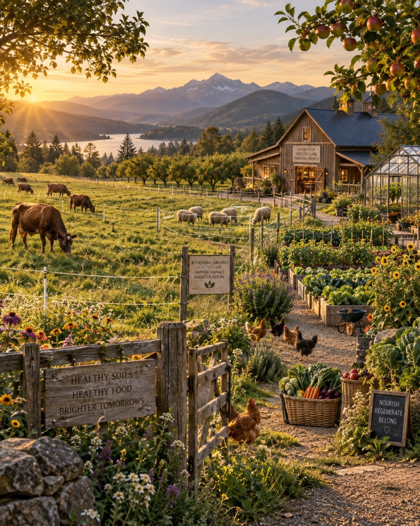 The regenerative working farm with pasture, greenhouse, and vegetable rows