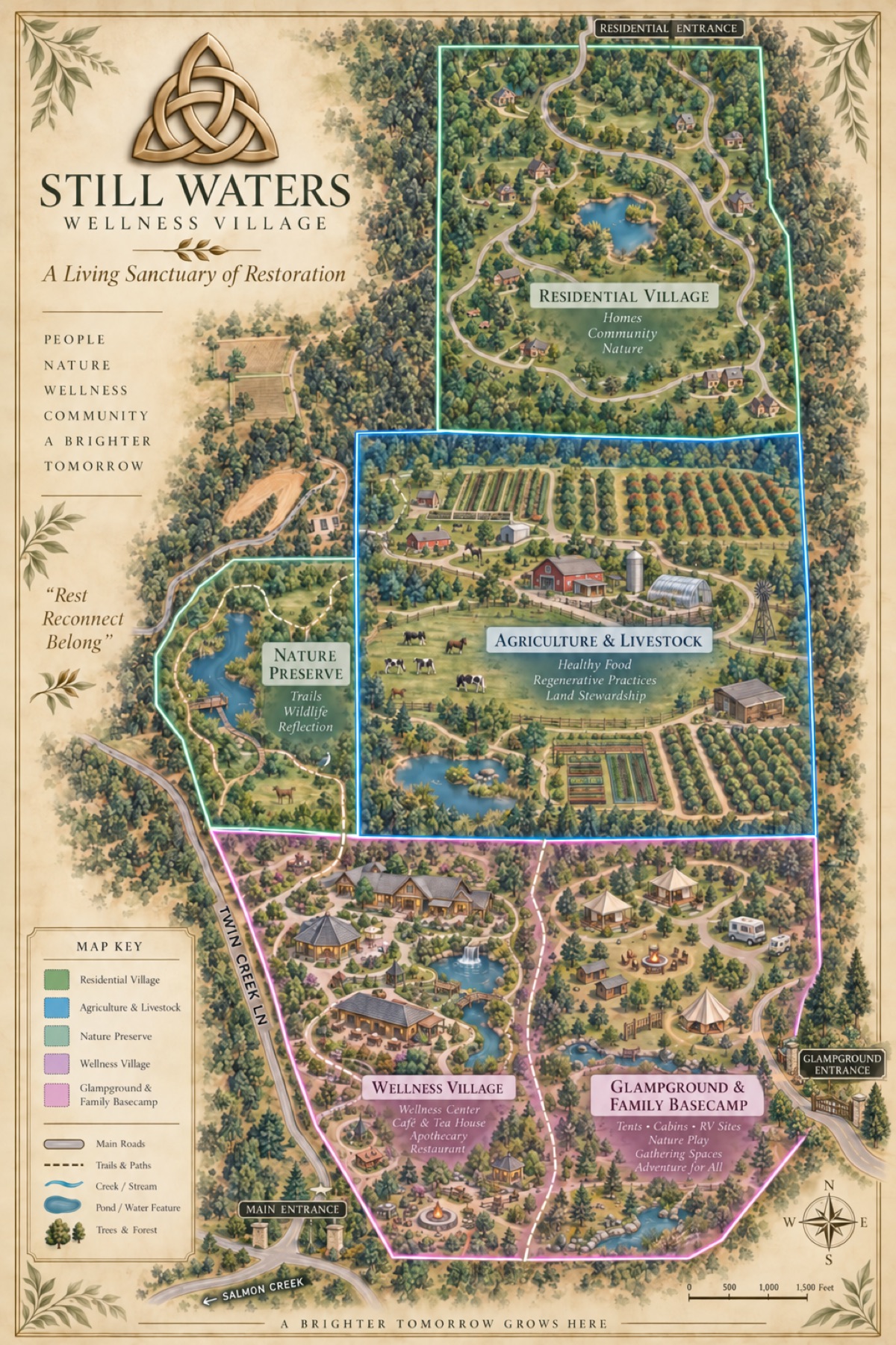 Stylized map of the five zones with the residential parcels highlighted
