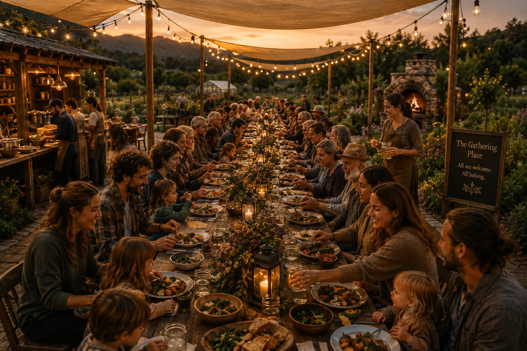 A long candlelit founder dinner table shared by guests under string lights