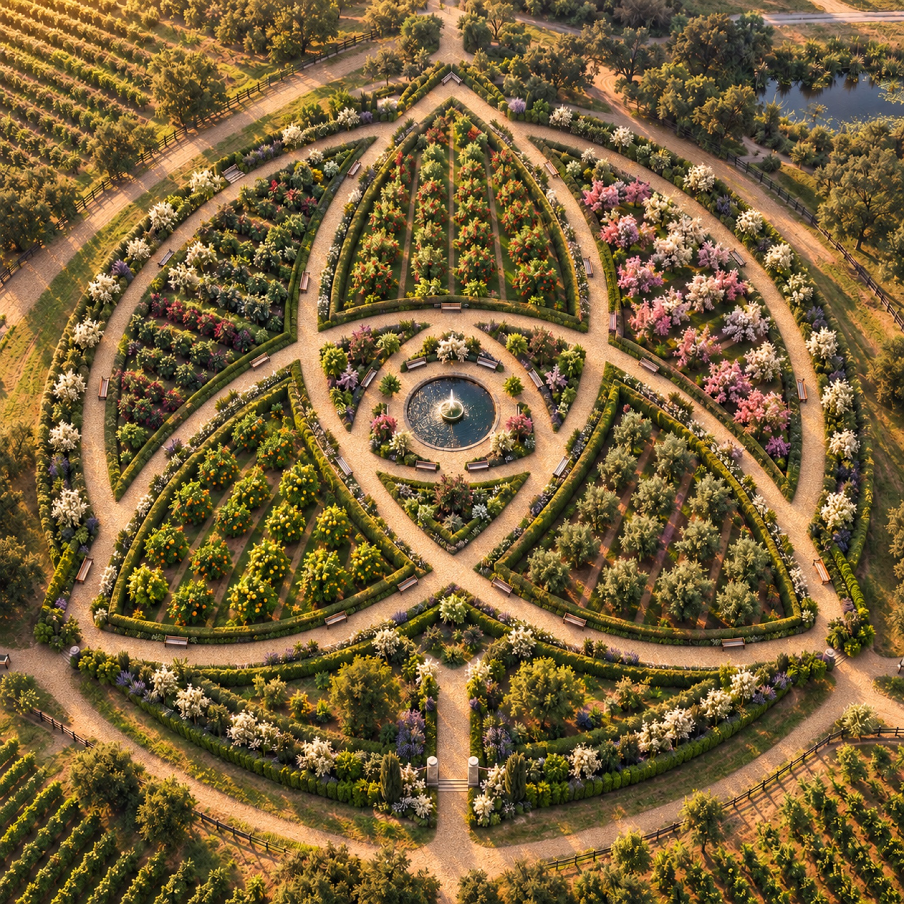 The triquetra orchard from above, planted in three interlocking circles