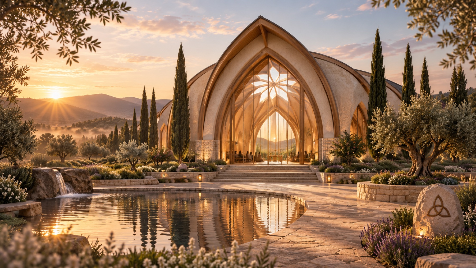 The Worship House at sunrise, reflected in the still water of the prayer garden pond