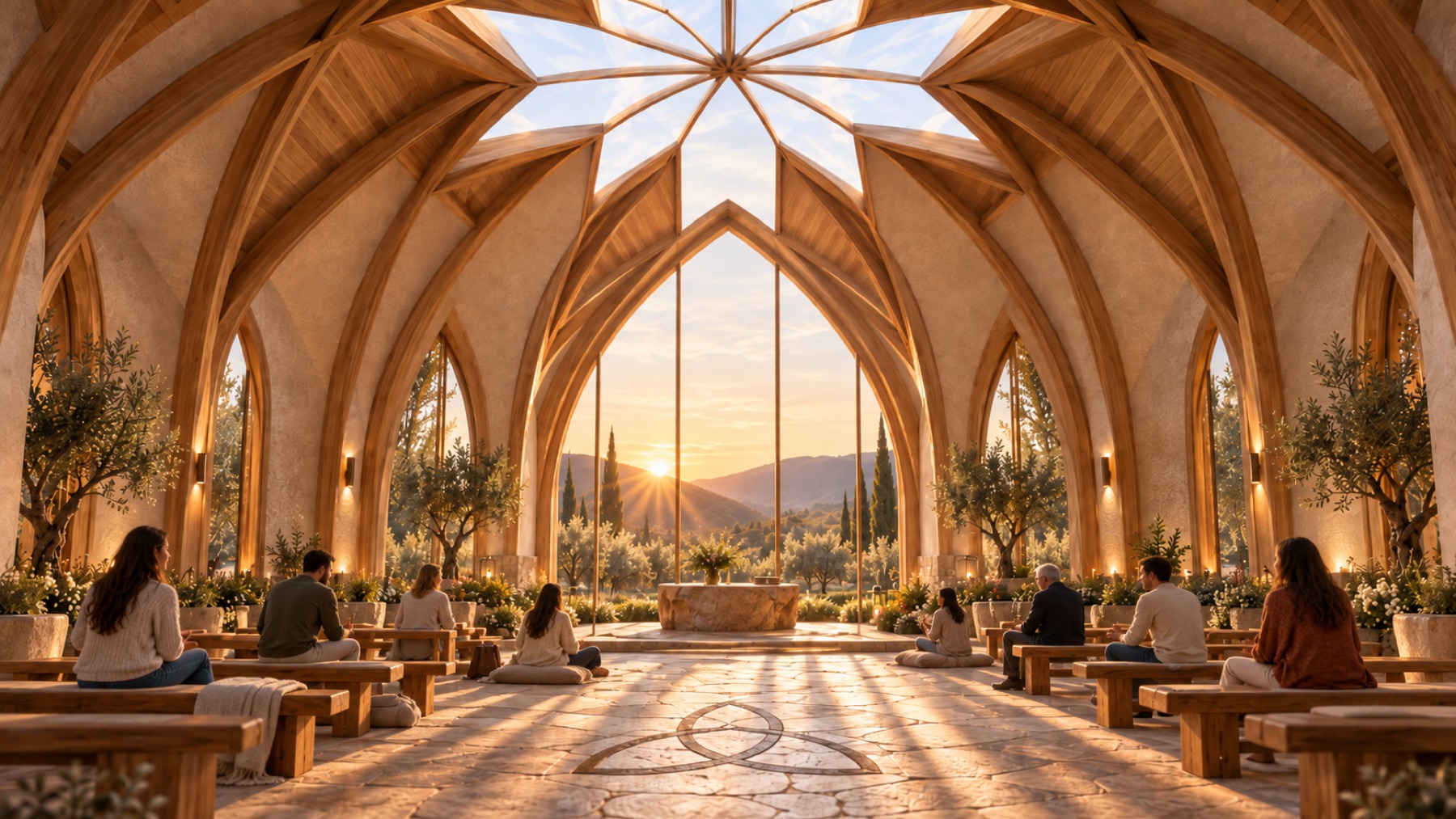Inside the Worship House: vaulted timber ceiling, clerestory light, and simple wooden pews